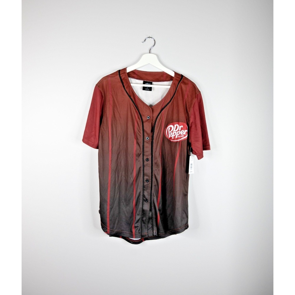 Dr Pepper Baseball Jersey Mens Size Med Red/White Short Sleeve Button‎ Up Shirt